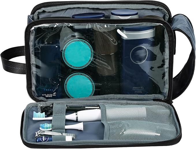 ZEEMO Travel Toiletry Bag for Men, Medium Water-Resistant Double-Sided Full-Open Dopp Kit, Versatile Organizer for Shower and Hygiene Accessories, Bathroom Essentials, Cosmetics, Large, Blue