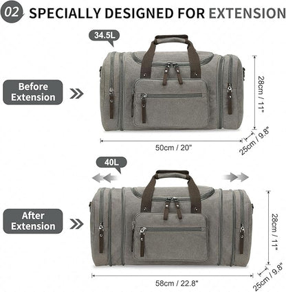 Expandable Canvas Duffel 50cm-58cm, Sturdy Zipper and Reinforced Handles, Lightweight Carry-On Weekender Bag for 3-5 Day Trips, Gray