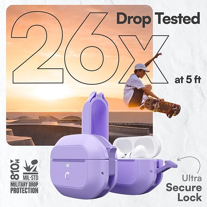 Keybudz for AirPods Pro 2 Case with Lock - Fully Waterproof AirPods Pro 2nd Generation Case Cover - Keychain, Rugged Tough Protection, Hard Shell and Carabiner for USB-C/Lightning (Wild Lavender)