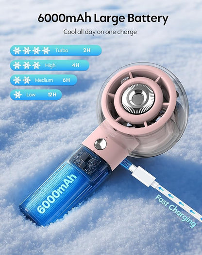 Portable Misting Fan, Handheld Turbo Fan with Mist, 6000mAh Battery Rechargeable Personal Fans Mister 4-Speed, 25ml Water Spray Tank, Gifts for Women Men Home Office Travel Outdoor Camping