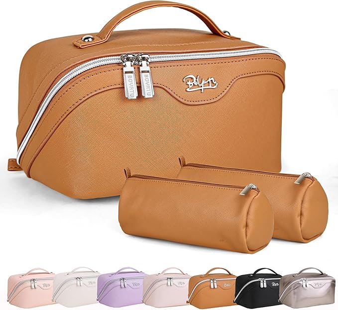 BOYATU Travel Makeup Bags for Women: Vegan Leather Cosmetic Bag Set of 3 - Large Capacity Make up Bag with Divider - Wide Open Waterproof Toiletry Organizer Bag with Handle (05-Brown)