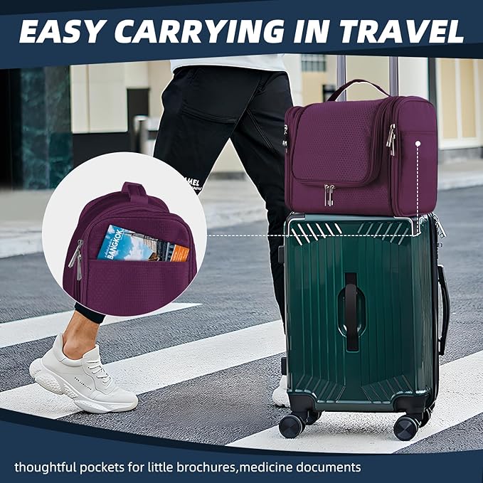 Buruis Large Toiletry Bag for Women and Men, Hanging Travel Bag for Makeup, Cosmetics, Shaving, Toiletries, Water-Resistant Dopp Kit for Gym, Camping, or Daily Use, Purple