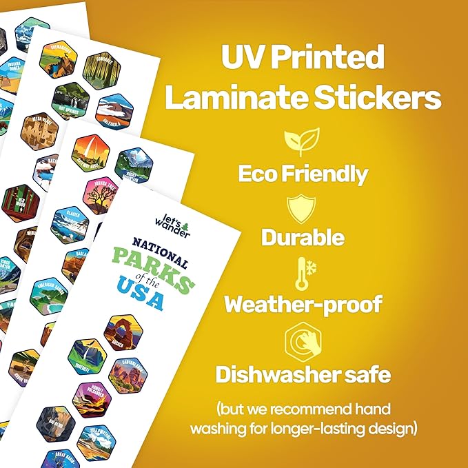 LET'S WANDER National Parks Water Bottle 2.0 Ultimate Bundle | Includes Straw Lid, Chug Lid & 2 Sets of 63 Waterproof Stickers | 32oz Leakproof Insulated Stainless Steel Gift Pack (Blue)