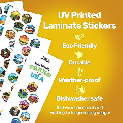 LET'S WANDER National Parks Water Bottle 2.0 Ultimate Bundle | Includes Straw Lid, Chug Lid & 2 Sets of 63 Waterproof Stickers | 32oz Leakproof Insulated Stainless Steel Gift Pack (Blue)