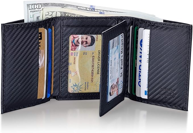 Stealth Mode Carbon Fiber Trifold RFID Wallet For Men With Flip Out ID Holder (Carbon Fiber)