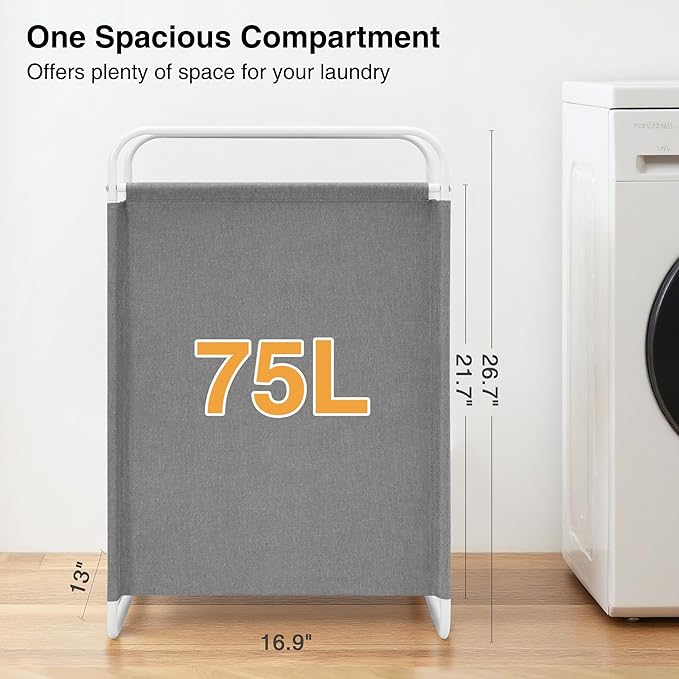 STO STO Laundry Hamper, 75L Laundry Basket with Coated Fabric Bag, Lightweight Portable Dirty Clothes Hamper, Laundry Bin with Metal Frame for Laundry Room, Bedroom, Closet and Dorm, Gray Fabric