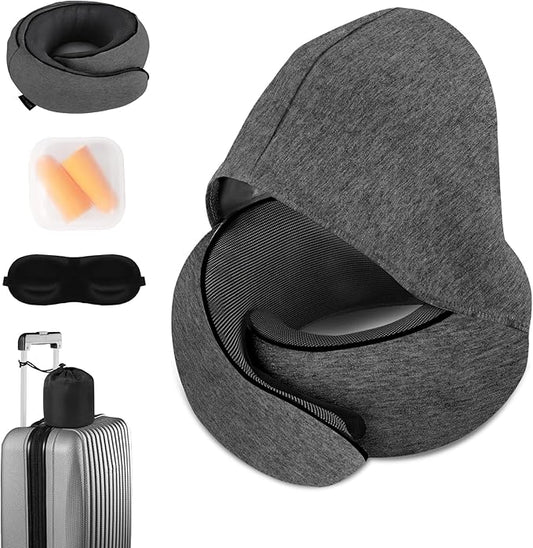 Travel Neck Pillow, Newly Upgraded Hooded Neck Pillow , 100% Pure Memory Foam Travel Pillow for Flight Headrest Sleep,Windproof and heat preservation,Suitable for use in Outdoor/ Plane/Car/Office