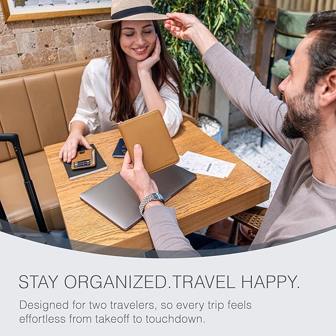 Full Grain Leather Passport Holder for 2 Passports - Dual Passport Holder and Travel Documents Organizer - RFID Travel Wallet for Couples - Camel