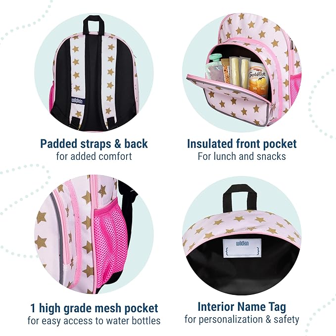 Wildkin 12-inch Kids Backpack – Padded, Adjustable, Ideal for Daycare & Travel - Pink and Gold Stars