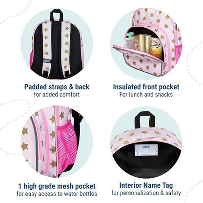 Wildkin 12-inch Kids Backpack – Padded, Adjustable, Ideal for Daycare & Travel - Pink and Gold Stars