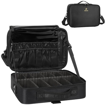 MONSTINA Travel Makeup Train Case,13.8 inches Large Cosmetic Case,Makeup Brush Holder Organizer and Storage with Adjustable Dividers and Shoulder Strap (Black)