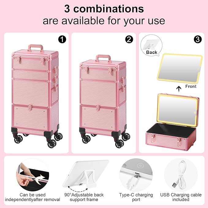Makeup Train Case with LED Mirror, Rolling Makeup Case with Drawers, Cosmetology Case on Wheels, Gift, Travel Makeup Organizers, Profesional Cosmetic Case for Salon Barber,Nail,Tattoo, Pink