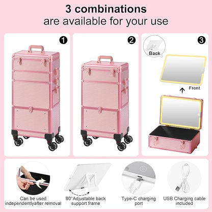 Makeup Train Case with LED Mirror, Rolling Makeup Case with Drawers, Cosmetology Case on Wheels, Gift, Travel Makeup Organizers, Profesional Cosmetic Case for Salon Barber,Nail,Tattoo, Pink