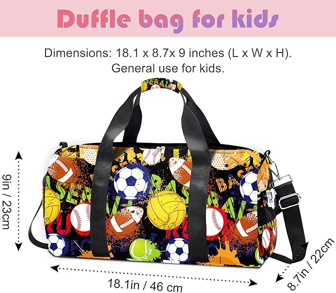 Kids Overnight Duffle Bag Boys Sport Gym Bag with Shoe Compartment & Wet Pocket, Carry On Weekender Travel Bag for Kid Boys