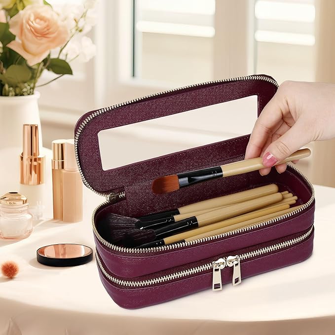 Pinkmik Double Layer Makeup Bag Makeup Brush Case Waterproof Travel Cosmetic & Toiletry Bag Purse Organizer and Car Essentials for Women (X/Burgundy, Double SLIM)