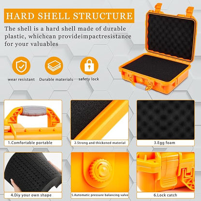 1 Pcs 14.3 x 11.4 x 4.5 Inch Waterproof Hard Case with DIY Customizable Foam Insert Portable Protective Case with Knife for Camera Drones Equipments Tools Test Instruments (Orange)