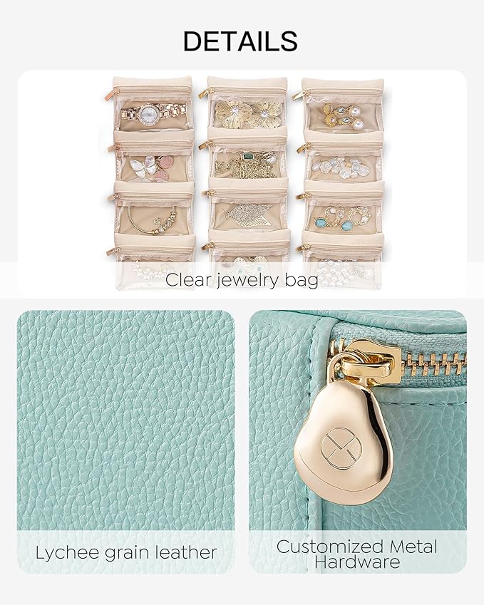 Vlando Travel Jewelry Organizer with 12 Velvet Jewelry Bags Travel Jewelry Case for Girls Jewelry Storage Necklace Rings Earrings Bags Gifts for Women Daughter Friends(Lake Blue)