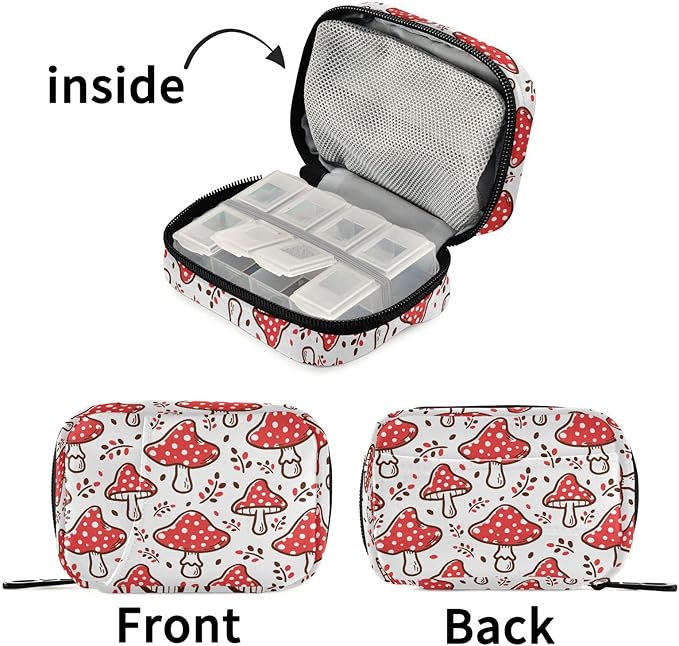 Fustylead Aesthetic Amanita Red Mushroom Pill Organizer Travel Bag, Small Portable Pill Case Cute for Vitamin Fish Oil Supplements Medicine Organizer with Zipper