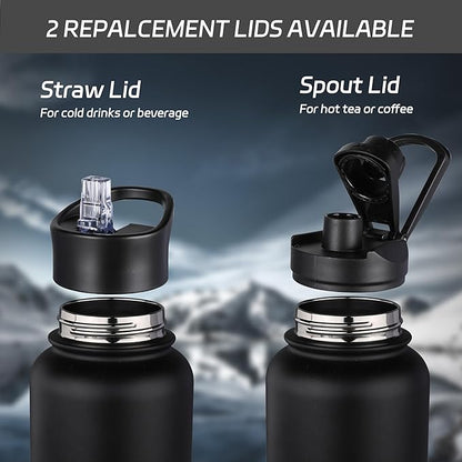 HASLE OUTFITTERS 40oz Stainless Steel Water Bottle, Vacuum Insulated Double Walled Leak Proof Sports Water Bottle with 2 Lids (Straw and Spout Lid) Thermo Mug Keep Cold and Hot(Black,4)