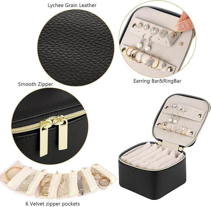 HofferRuffer Jewelry Box Organizer for Women Girls, Travel Jewelry Case with 6 Portable Zipper Bags, Jewelry Storage Ideal for Travel & Home Organization (6pcs-Black Faux Leather)