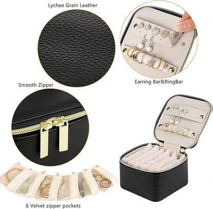 HofferRuffer Jewelry Box Organizer for Women Girls, Travel Jewelry Case with 6 Portable Zipper Bags, Jewelry Storage Ideal for Travel & Home Organization (6pcs-Black Faux Leather)