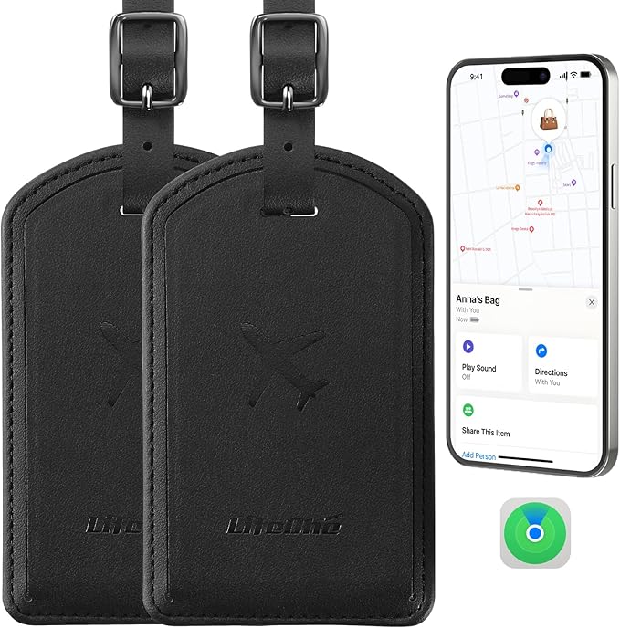 Luggage Tags Built-in Anti-Loss Tracker, Luxury Leather Luggage Tags for Suitcase, Travel Bags, Backpacks, Travel Organizer for Lost Baggage Prevention (Black*2 Pack)
