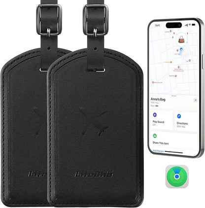 Luggage Tags Built-in Anti-Loss Tracker, Luxury Leather Luggage Tags for Suitcase, Travel Bags, Backpacks, Travel Organizer for Lost Baggage Prevention (Black*2 Pack)