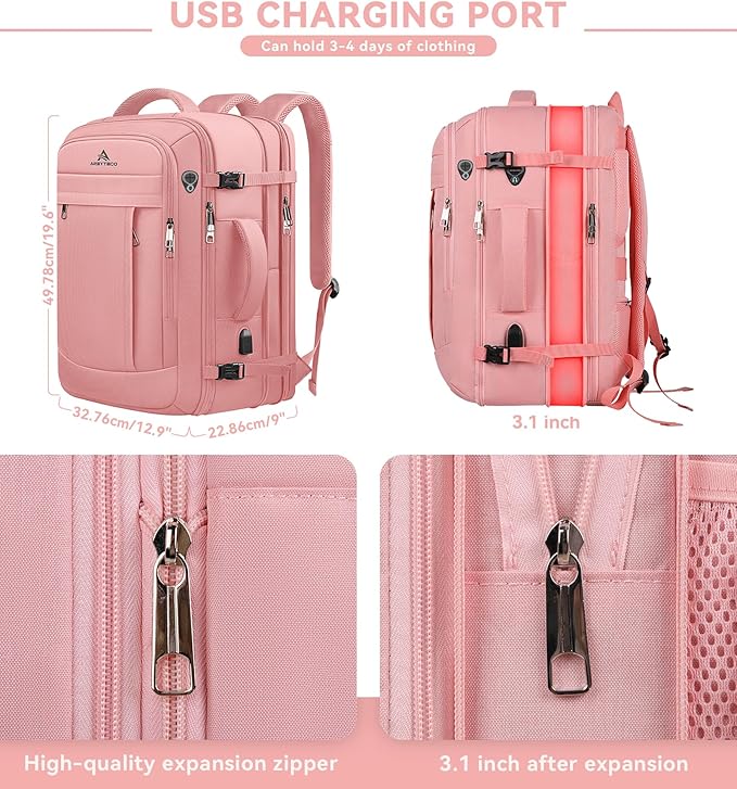 Travel Laptop Backpack for Women, 50L Expandable Extra Large Backpack,Carry On Backpack, Water Resistant Big Bag Anti-Theft Business Daypack Fits 17 Inch Laptop with USB Port, Pink