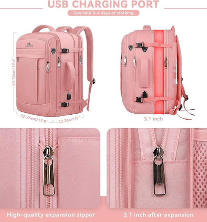 Travel Laptop Backpack for Women, 50L Expandable Extra Large Backpack,Carry On Backpack, Water Resistant Big Bag Anti-Theft Business Daypack Fits 17 Inch Laptop with USB Port, Pink