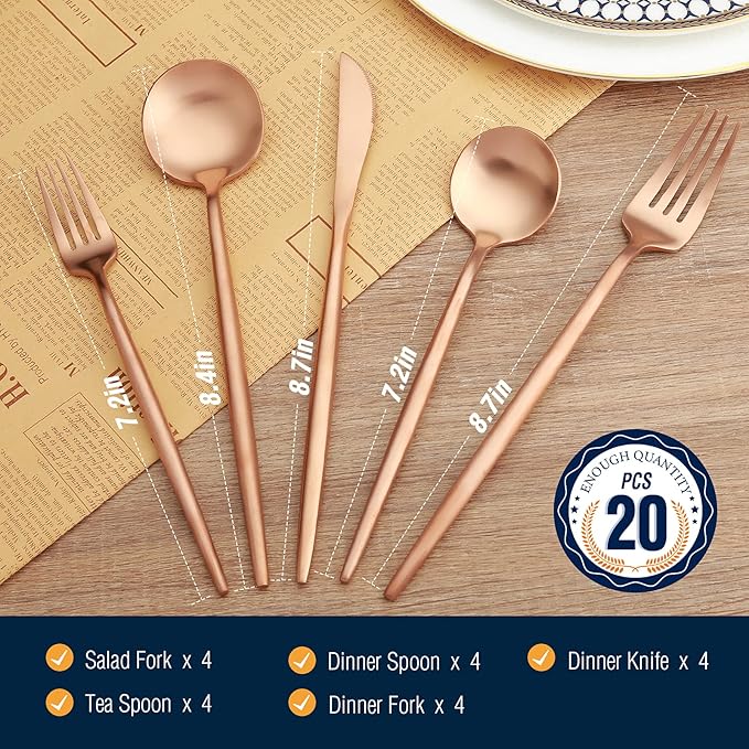 BirdyFly Matte Rose Gold Silverware Set, 20 Piece Stainless Steel Flatware Set Service for 4, Matte Rose Gold Cutlery Set, Include Knives/Forks/Spoons, Dishwasher Safe