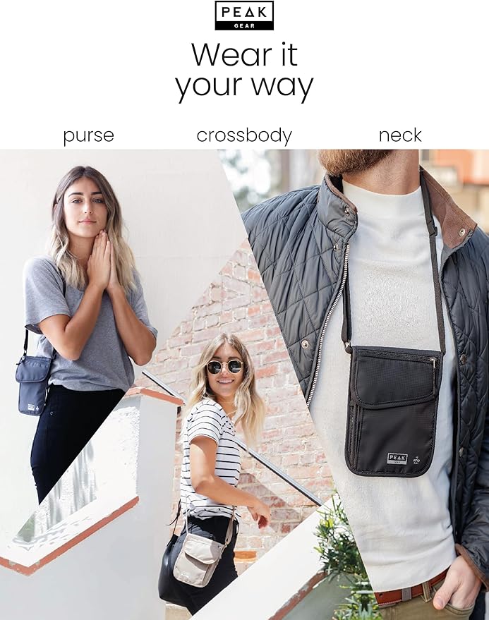 Peak Gear RFID Neck Wallet - The Original Travel Pouch with Adjustable Crossbody Strap + Theft Protection and Lost & Found Service | Beige