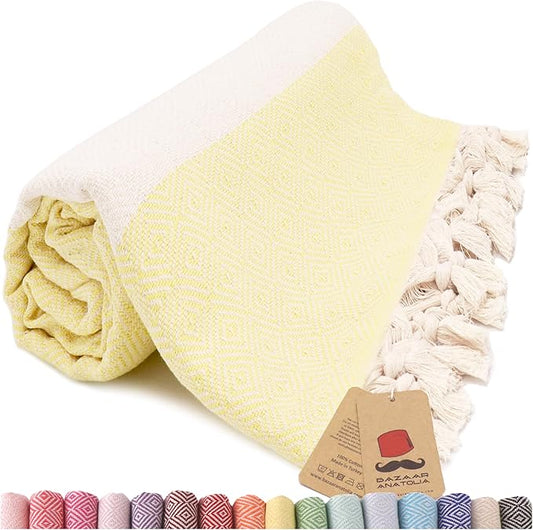Bazaar Anatolia Turkish Beach Towel – 100% Cotton, Quick Dry, Sand Free Towel for Bathroom, Camping, Travel – Oversized 71x39 Inches – Diamond Yellow