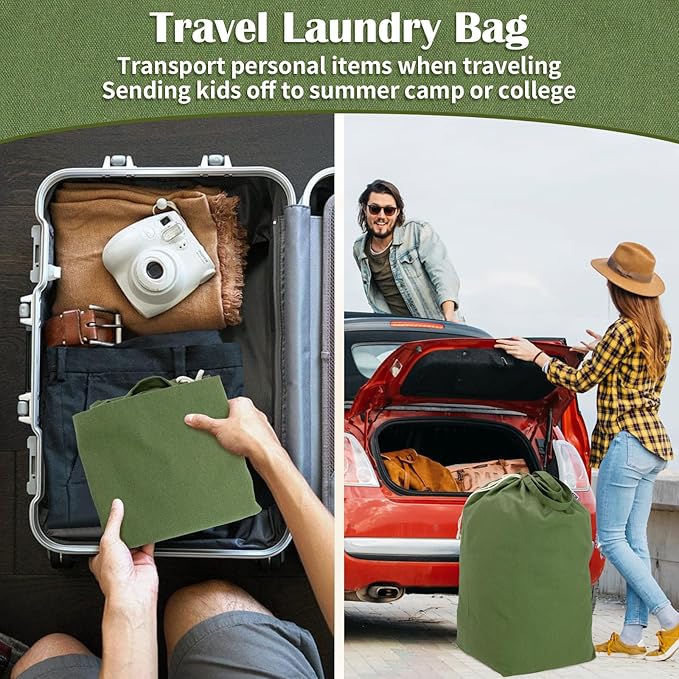 Canvas Laundry Bags with Handles & Square Base13.8"x 13.8", Large Heavy Duty Laundry Basket Hamper Liner, College Dorm Washable Drawstring Cotton Dirty Clothes Bag (Army Green)