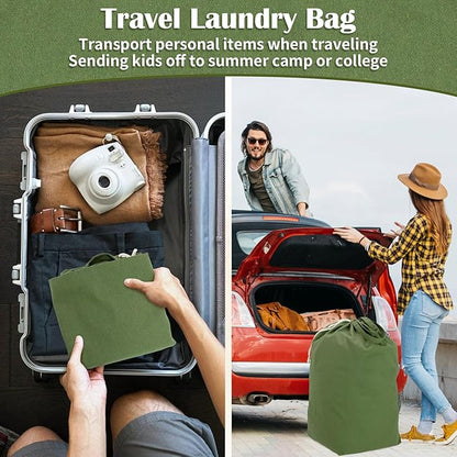 Canvas Laundry Bags with Handles & Square Base13.8"x 13.8", Large Heavy Duty Laundry Basket Hamper Liner, College Dorm Washable Drawstring Cotton Dirty Clothes Bag (Army Green)