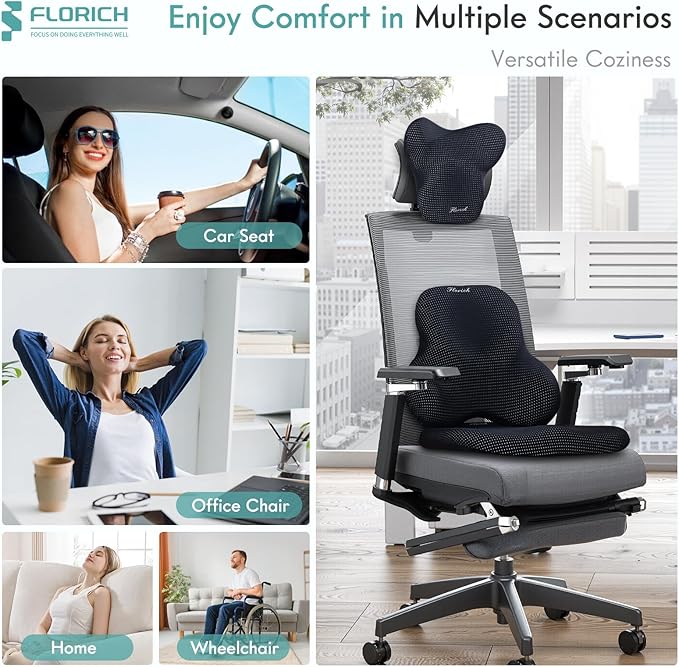 FLORICH Car Seat Cushion and Lumbar Support Pillow for Office Chair Car, Neck Headrest Pillow, Ergonomic Memory Foam, Pressure-Relieving Back Support for Car, Office Chair & Wheelchair – Black
