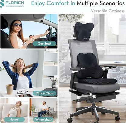 FLORICH Car Seat Cushion and Lumbar Support Pillow for Office Chair Car, Neck Headrest Pillow, Ergonomic Memory Foam, Pressure-Relieving Back Support for Car, Office Chair & Wheelchair – Black