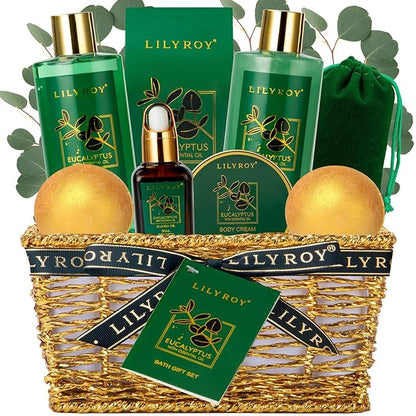 Bath and Body Gift Basket for Christmas - 10-Piece Eucalyptus Luxury Spa Set for Women & Men, Relaxation Ideal for Mothers Day, Father’s Day, Birthday with Shower Gel & More for Her & Him