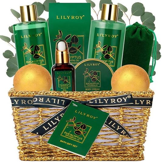 Bath and Body Gift Basket for Christmas - 10-Piece Eucalyptus Luxury Spa Set for Women & Men, Relaxation Ideal for Mothers Day, Father’s Day, Birthday with Shower Gel & More for Her & Him
