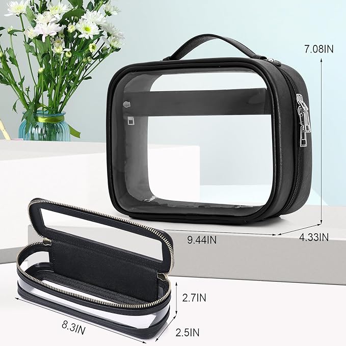 Pinkmik Travel Makeup Bag Set Portable Clear Cosmetic & Toiletry Case Women's Purse Organizer and Car Essentials with Zipper (Black, M+SLIM-2)