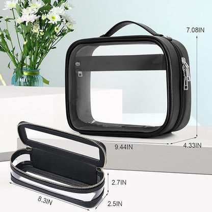 Pinkmik Travel Makeup Bag Set Portable Clear Cosmetic & Toiletry Case Women's Purse Organizer and Car Essentials with Zipper (Black, M+SLIM-2)