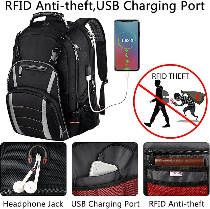 Travel Laptop Backpack,Extra Large Bookbag for Men Women,Basketball Backpack with USB Charging Port RFID Anti Theft TSA Approved Fits 17 Inch Computer Notebook,Water Resistant,College backpack