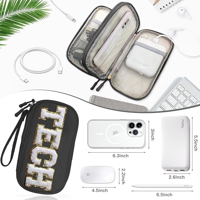 COSHAYSOO Small TECH Pouch Electronics Organizer Travel Bag Chenille Letter Case Personalized Women Graduation Gift for Her, Cord Charger Cable Traveling Accessory Airplane Cruise Essentials Black