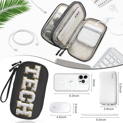 COSHAYSOO Small TECH Pouch Electronics Organizer Travel Bag Chenille Letter Case Personalized Women Graduation Gift for Her, Cord Charger Cable Traveling Accessory Airplane Cruise Essentials Black