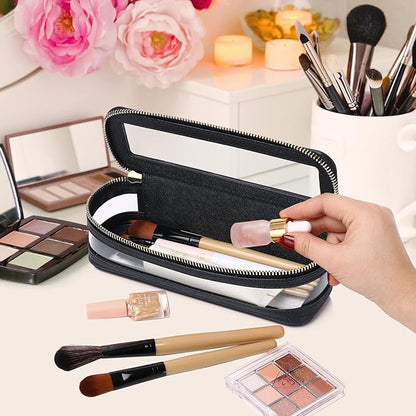 Pinkmik Makeup Brush Case Clear Travel Cosmetic & Toiletry Bag Slim Makeup Bag with Zipper Small Purse Organizer Car Essential Bag for Women (Black, SLIM-1)