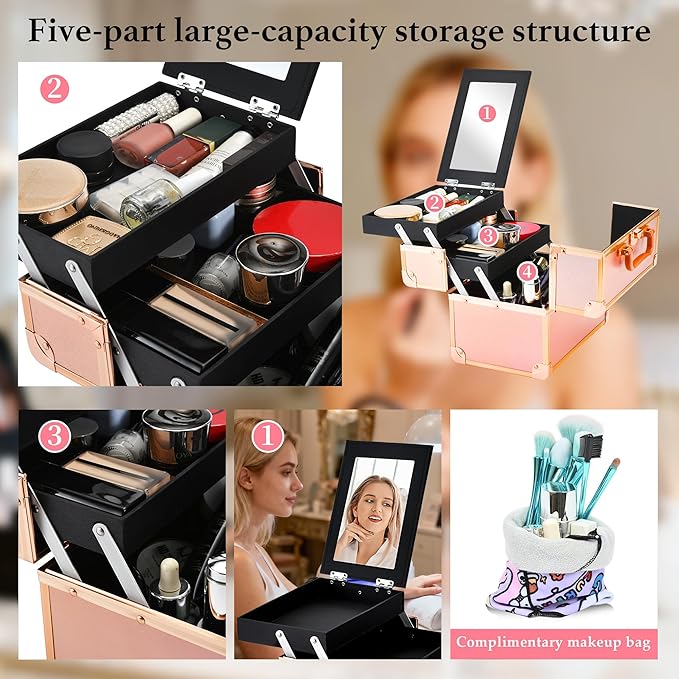 Makeup Train Case, Portable Makeup Case with Mirror, 2-Trays Cosmetic Organizer Case,Nail Polish Organizer, Travel Makeup Box, Profesional for Salon Barber, Rose Gold