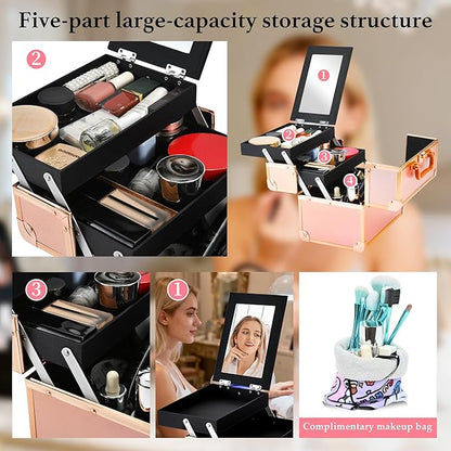 Makeup Train Case, Portable Makeup Case with Mirror, 2-Trays Cosmetic Organizer Case,Nail Polish Organizer, Travel Makeup Box, Profesional for Salon Barber, Rose Gold