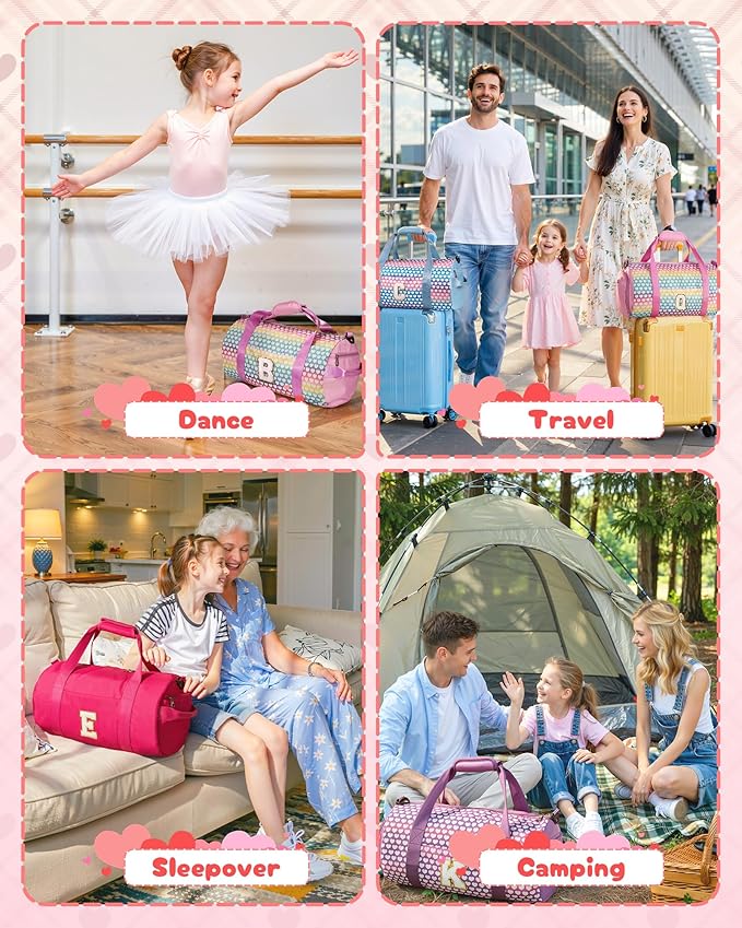 Gift for Daughter, Girls Travel Duffel Bag, Kids Initial Overnight Bags with Shoe Compartment, Personalized Weekender Bag with Makeup Pouch, Sweet Gifts for Niece Sister (Letter H)