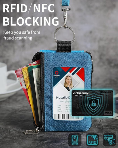 Minimalist Wallet For Mens Womens, Keychain RFID Blocking Zipper Small Wallet with ID Window 2 Lanyards,Water Resistant Travel Cash Card Coin Case Boys Girls