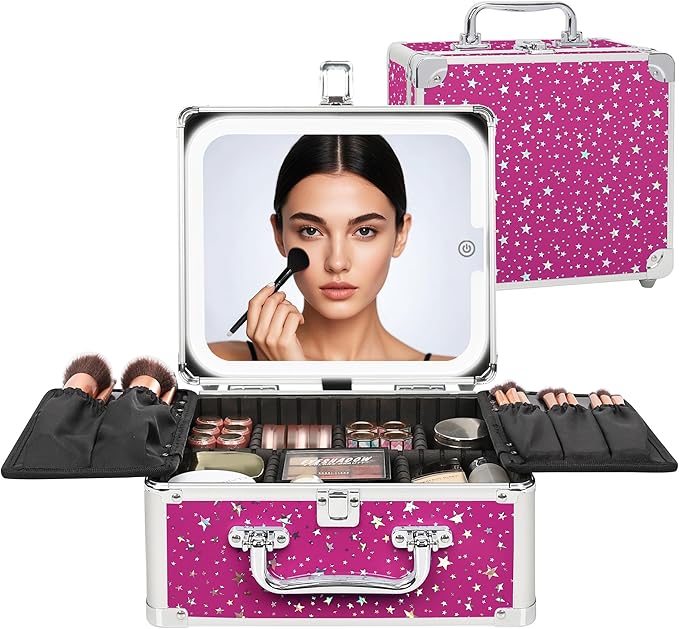 Relavel Makeup Bag with LED Mirror, Makeup Box Travel Train Case with Rechargeable Lighted Mirror, Cosmetic Brush Organizer Storage for Makeup Artists Gifts for Women and Girls, Hot Pink Shining Star