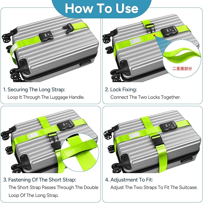 Luggage Straps with TSA Lock, Travel Belt for Luggage, TSA Approved Luggage Straps, 3-Dial Combination Locks Adjustable Suitcase Belt, Quick-Release Buckle (Green), 2 Pack